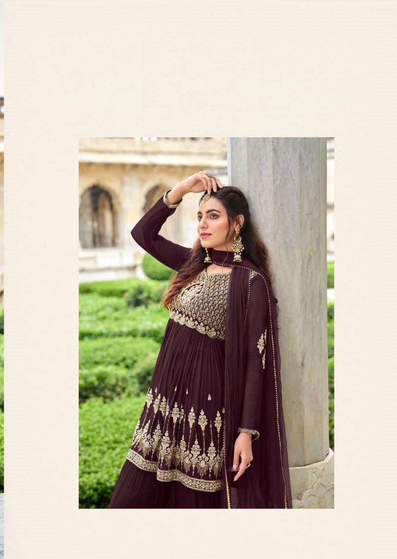 Wine Georgette Full Stitch Wedding Gharara Suit 501