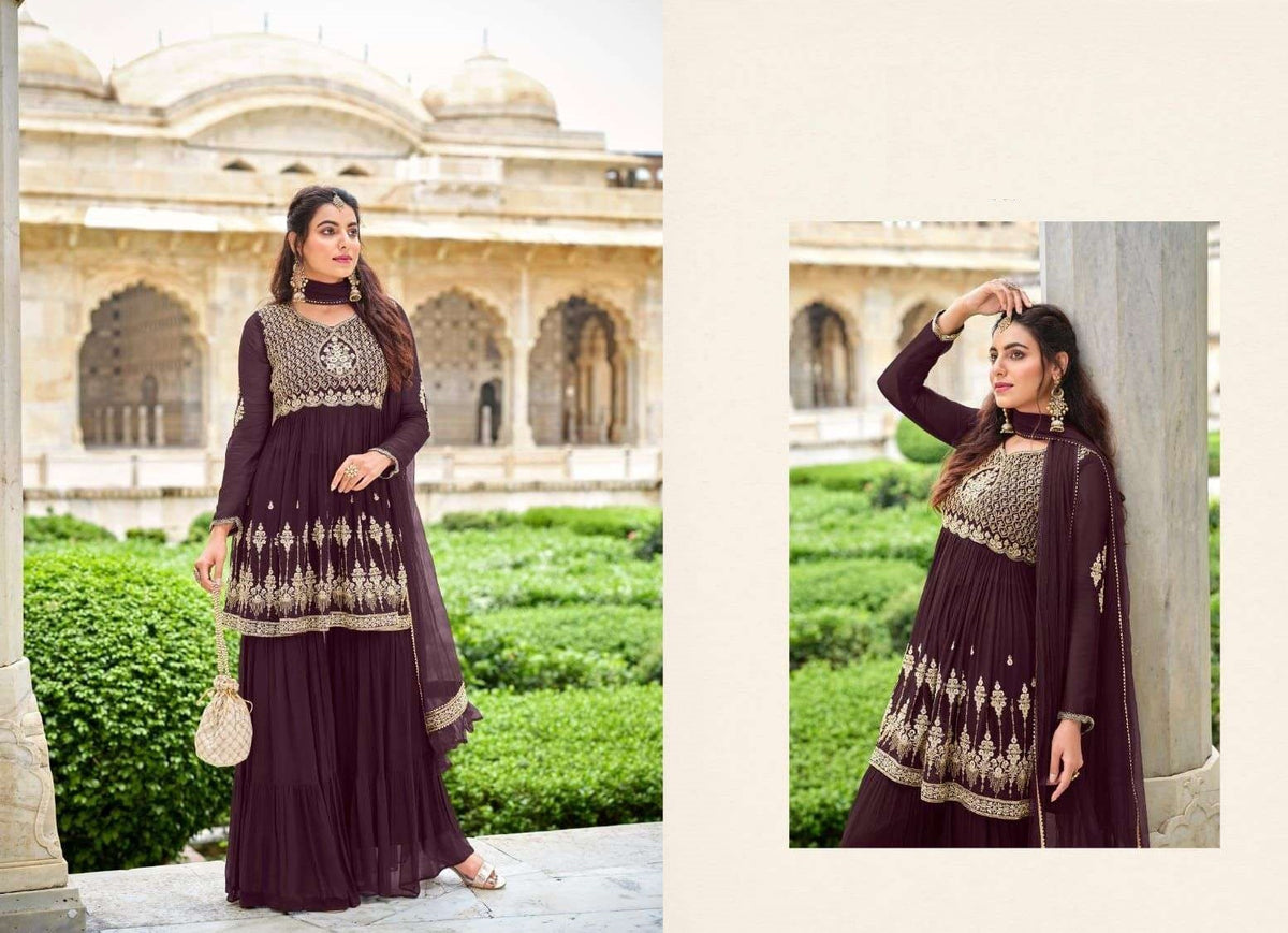 Wine Georgette Full Stitch Wedding Gharara Suit 501