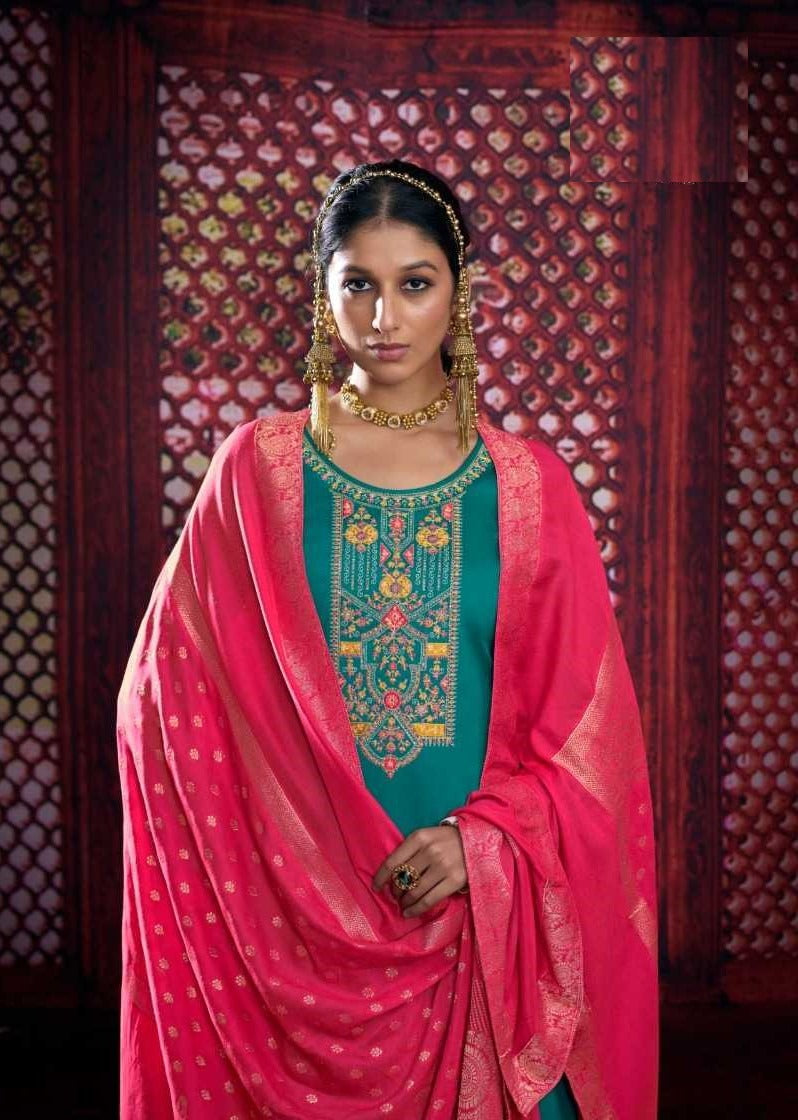 Ocean Blue Full Stitched Plus Size Silk Suit With Jacquard Dupatta 12174