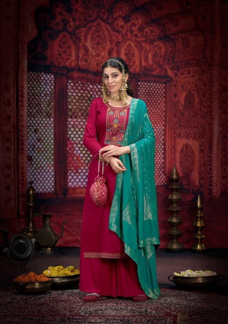 Rose Pink Full Stitched Plus Size Silk Suit With Jacquard Dupatta 12176