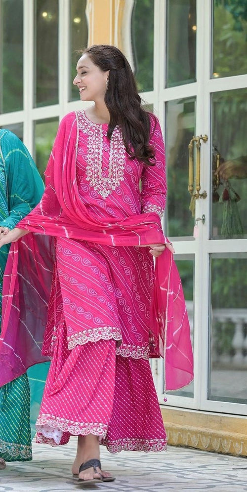 Bandhani Print Georgette Gharara Suit With Leriya Dupatta 1142