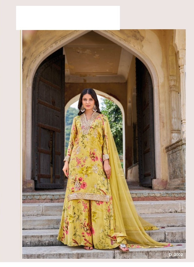 Yellow Floral Chinon Silk Wedding Full Stitched Gharara Suit 2002