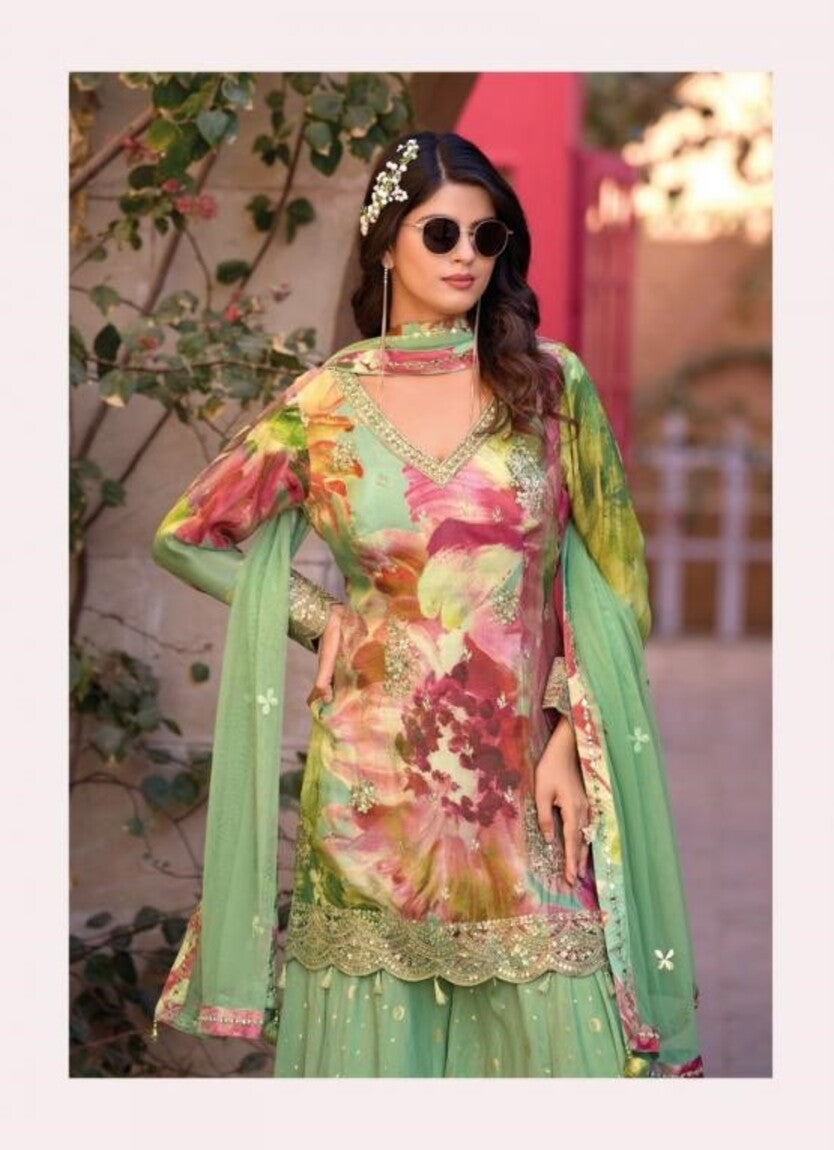 Olive Green Floral Print Chinon Silk Party Wear Free Size Gharara Suit 4003