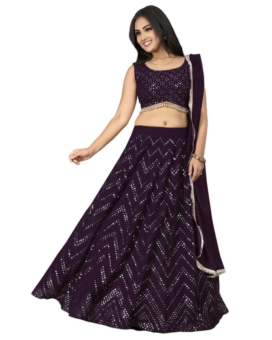 Indo-Western Wine Sequins Work Wedding Lehenga 283