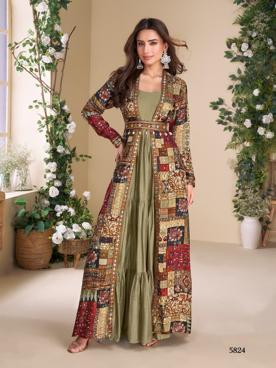 Indo-Western Two Piece Long Gown N Jacket With Belt 5824