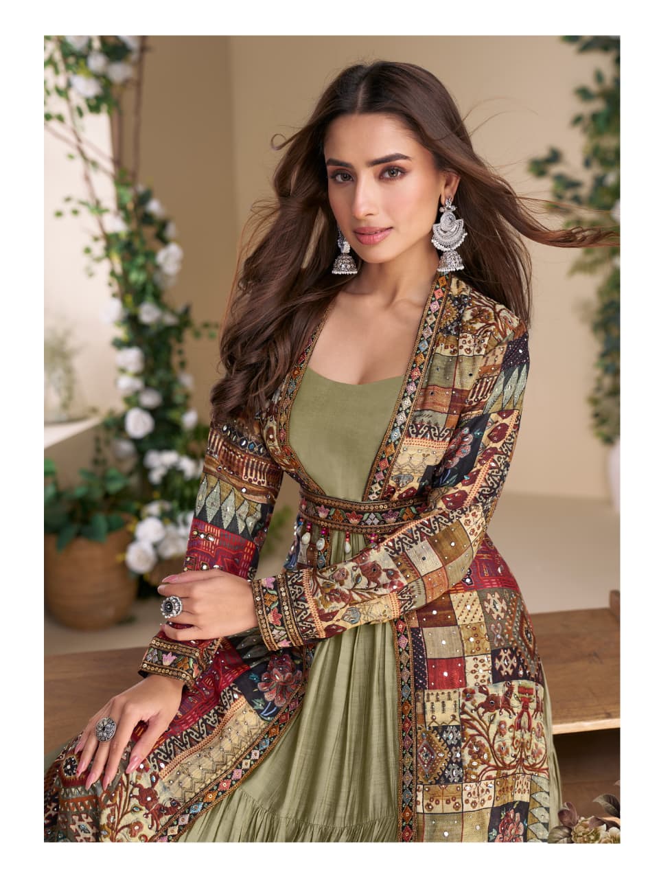 Indo-Western Two Piece Long Gown N Jacket With Belt 5824