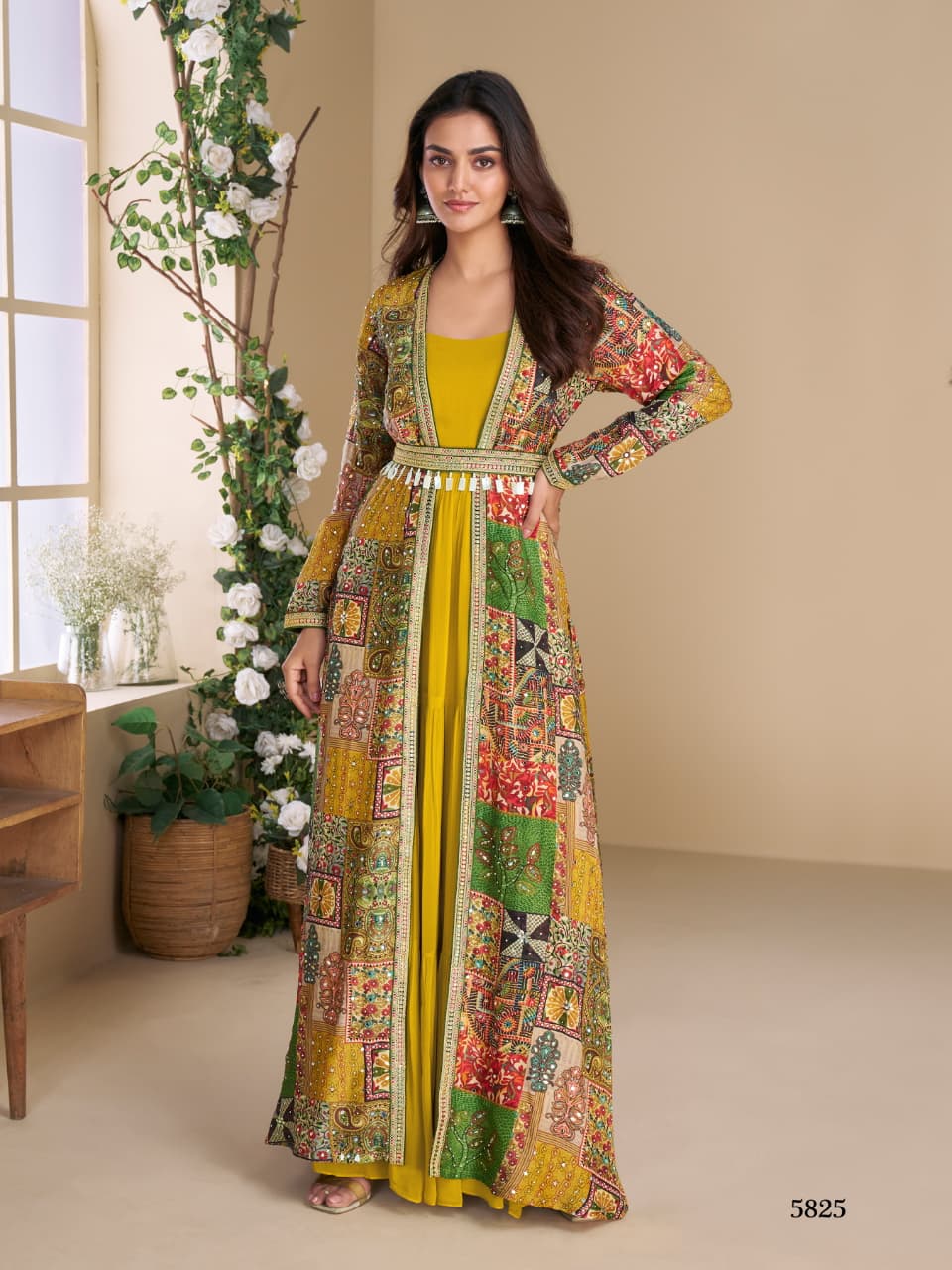 Indo-Western Two Piece Long Gown N Jacket With Belt 5824