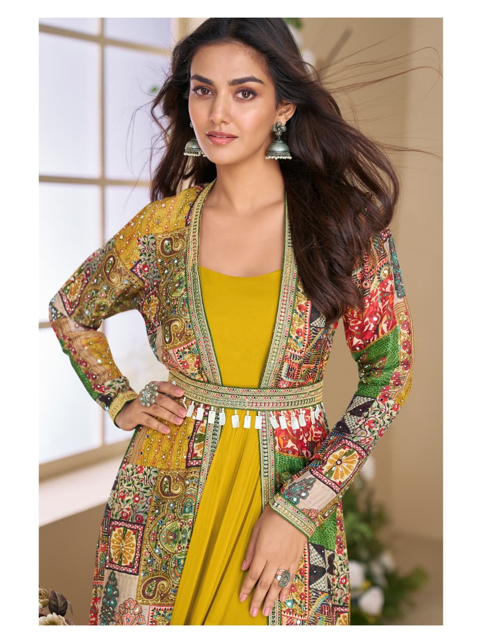 Indo-Western Two Piece Long Gown N Jacket With Belt 5824