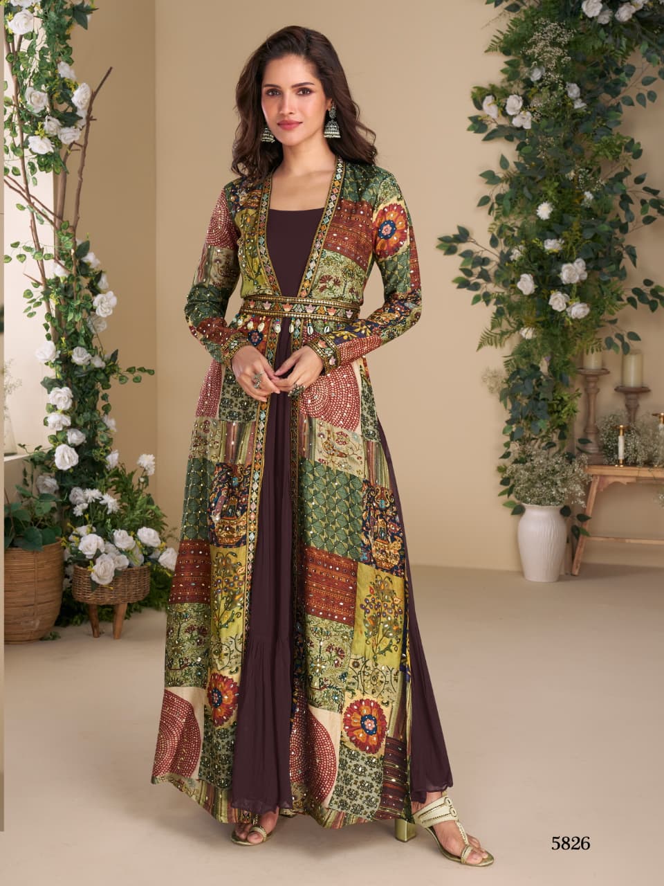 Indo-Western Two Piece Long Gown N Jacket With Belt 5824