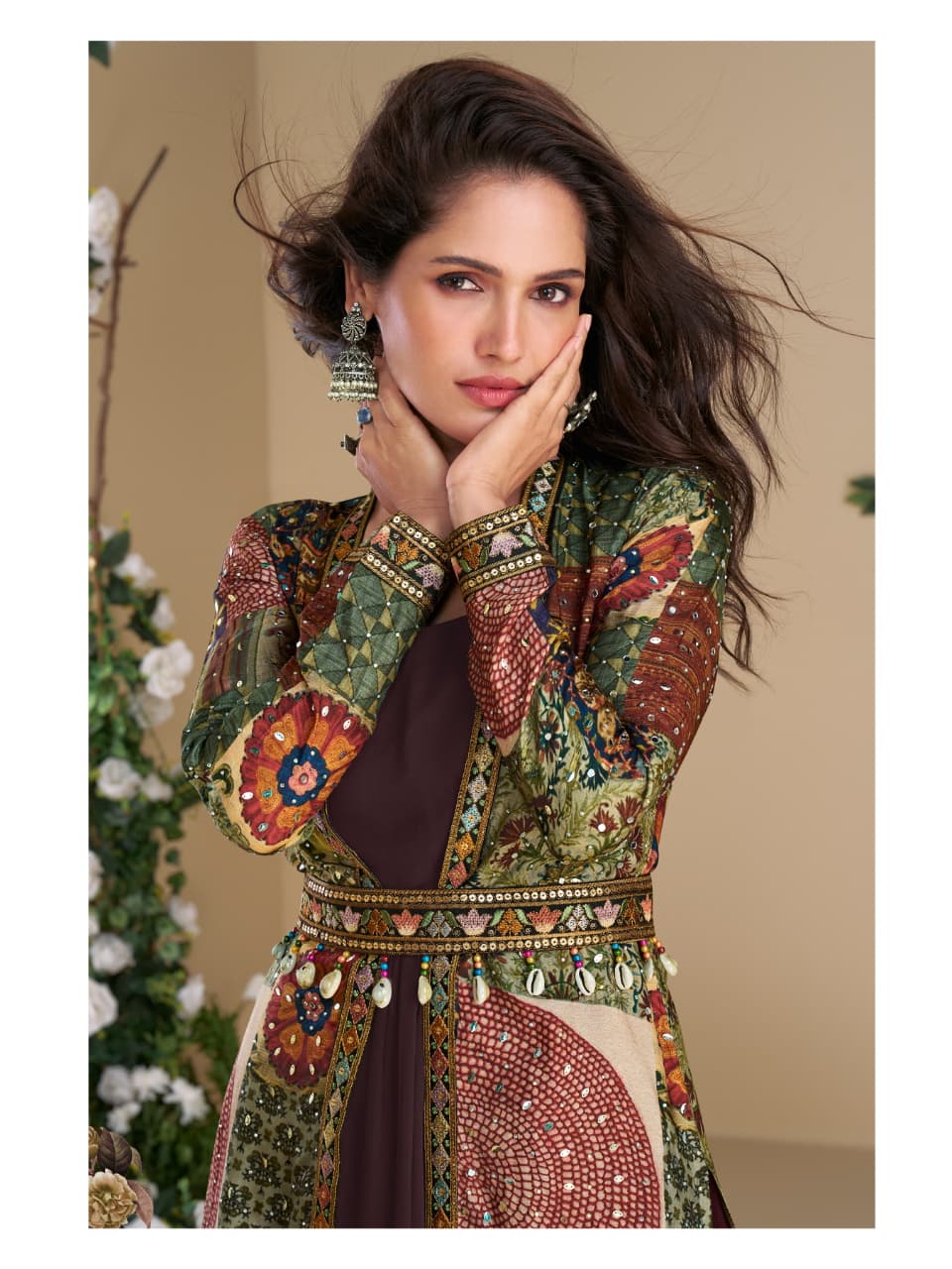 Indo-Western Two Piece Long Gown N Jacket With Belt 5824