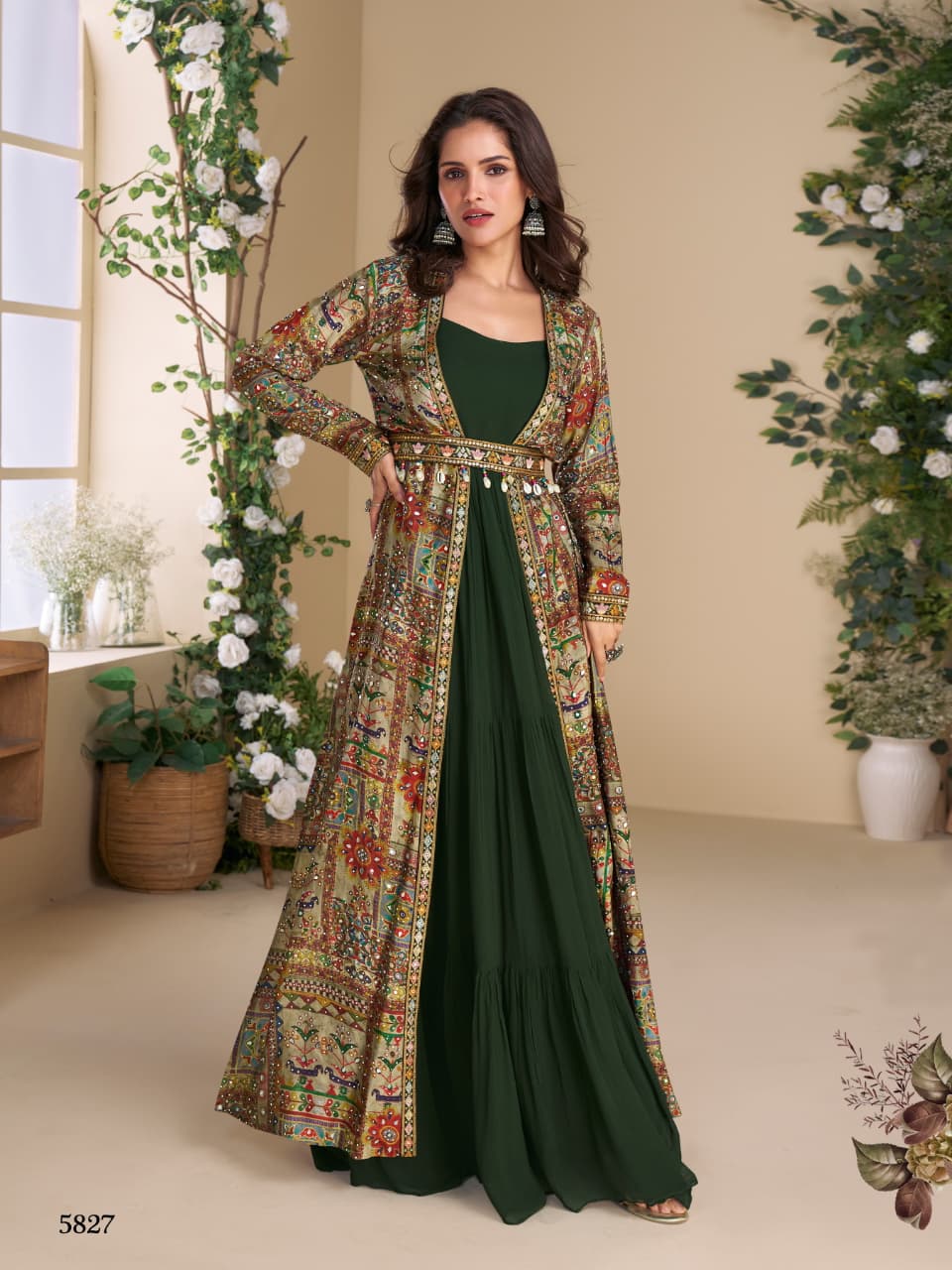 Indo-Western Two Piece Long Gown N Jacket With Belt 5824