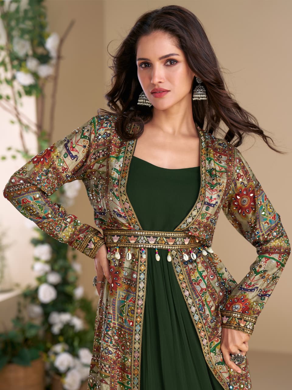 Indo-Western Two Piece Long Gown N Jacket With Belt 5824