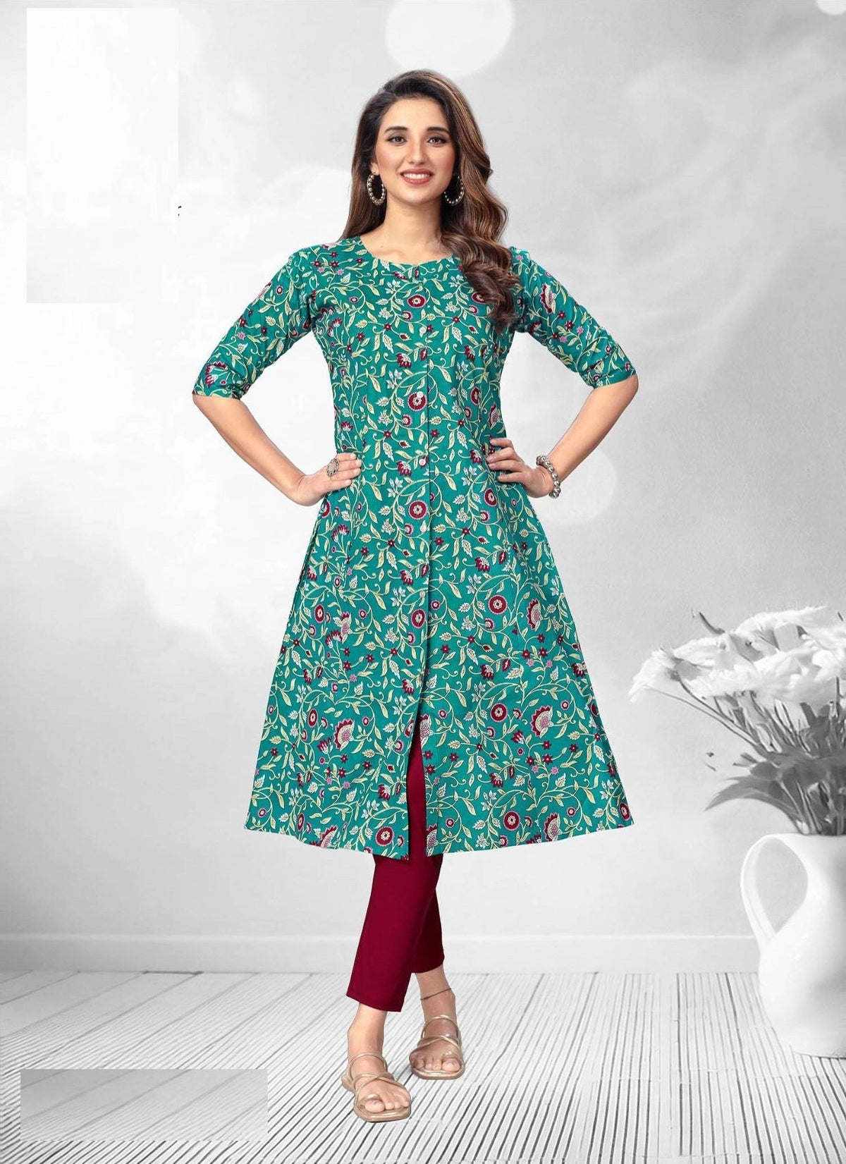 Sea Green Printed A-Line Cotton Kurti 2001