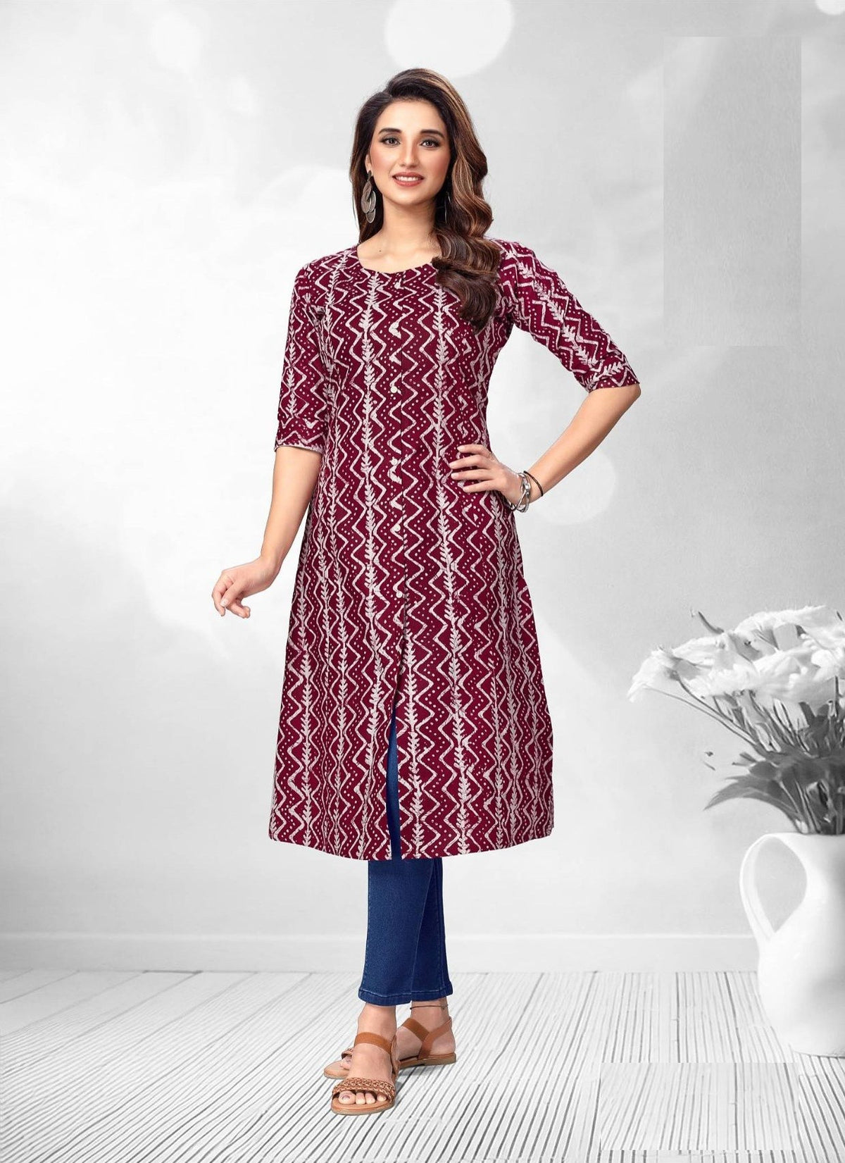 Maroon Printed A-Line Cotton Kurti 2002