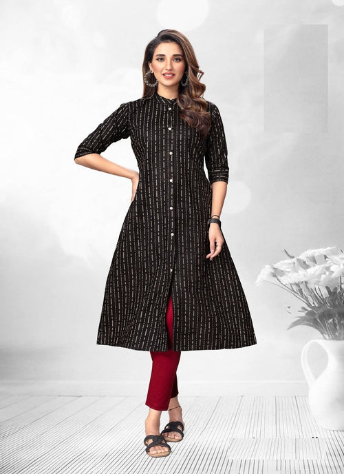 Black Printed A-Line Cotton Kurti 2006