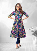 Navy Blue Printed A-Line Cotton Kurti 2007