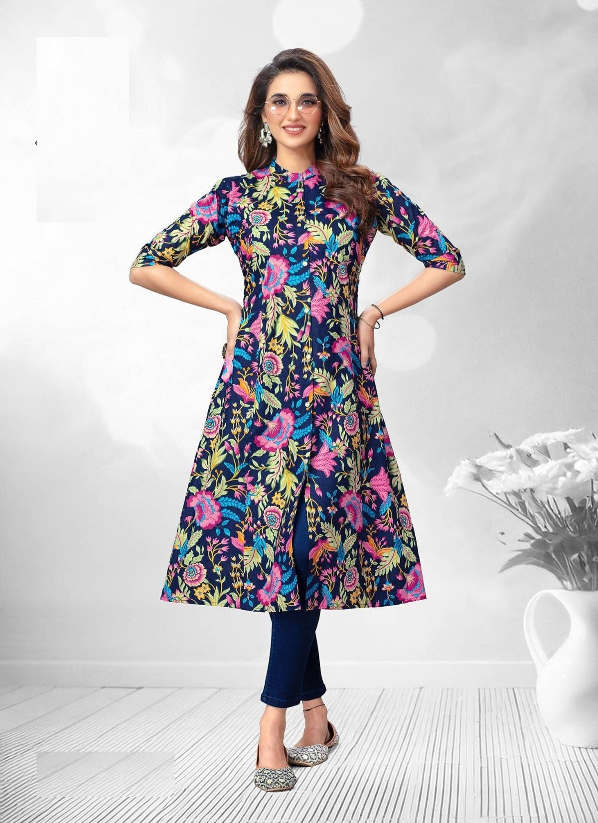Navy Blue Printed A-Line Cotton Kurti 2007