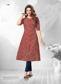 Orange Printed A-Line Cotton Kurti 2009
