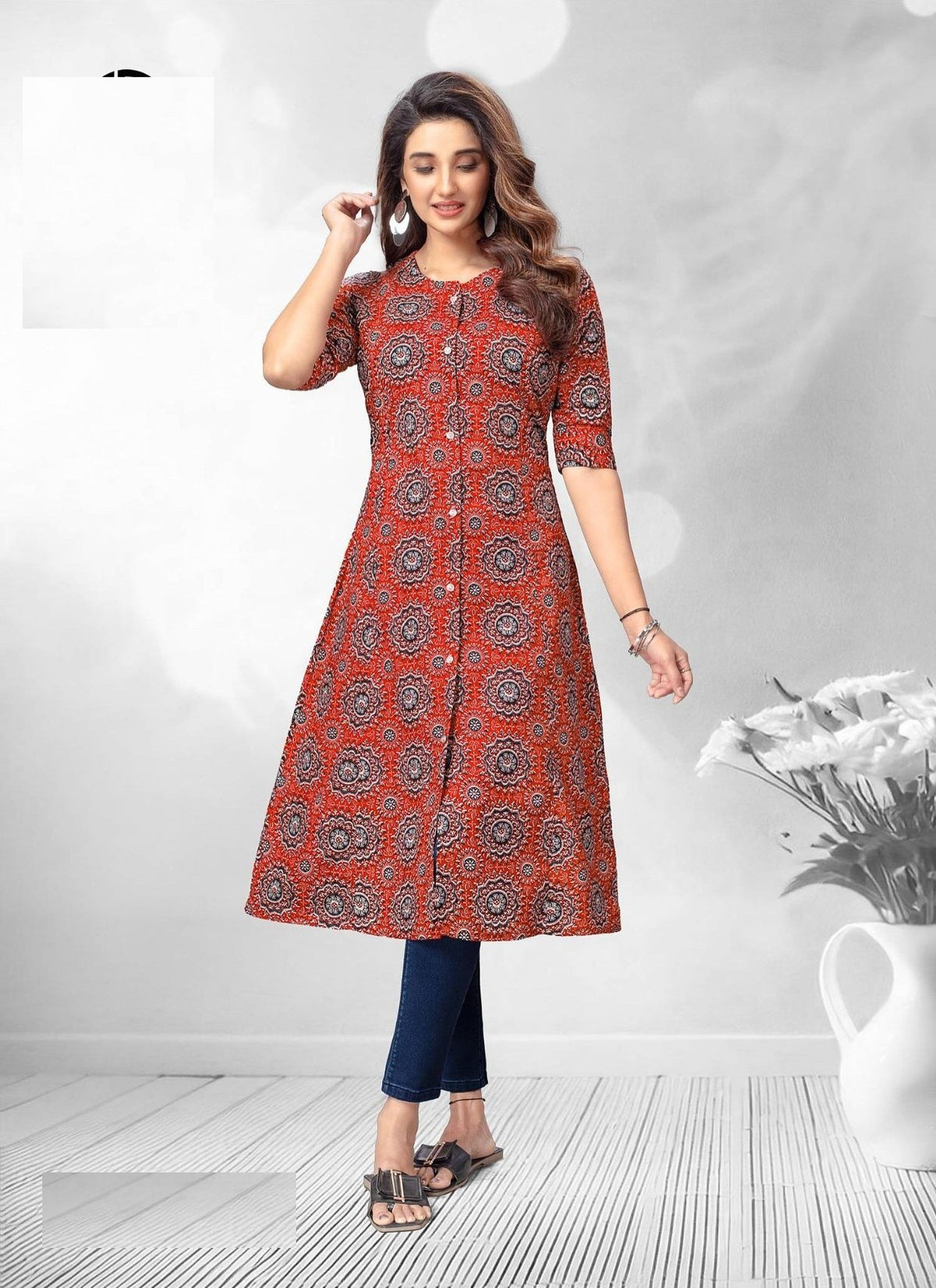 Orange Printed A-Line Cotton Kurti 2009