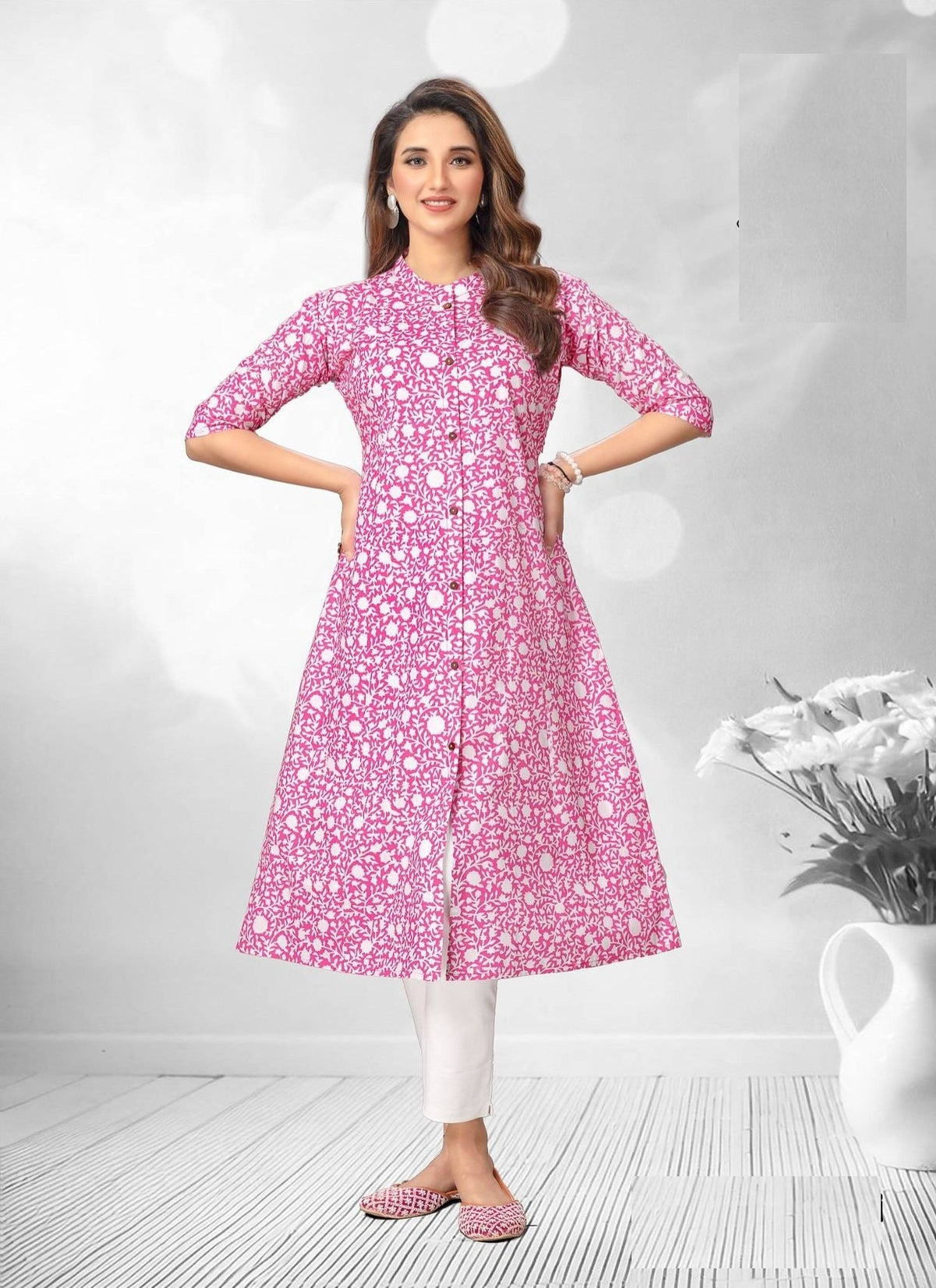 Pink Printed A-Line Cotton Kurti 2010