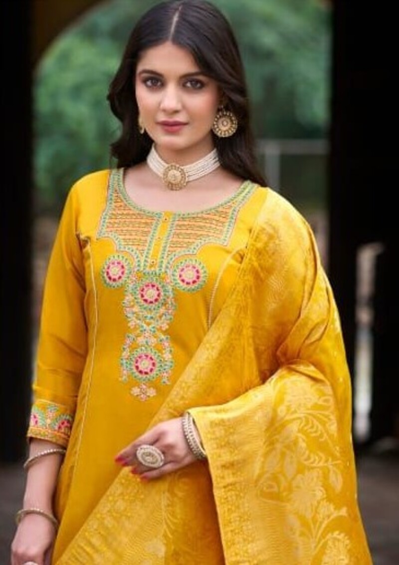 Yellow A-Line Silk Wedding Suit With Banarasi Silk Dupatta 2002