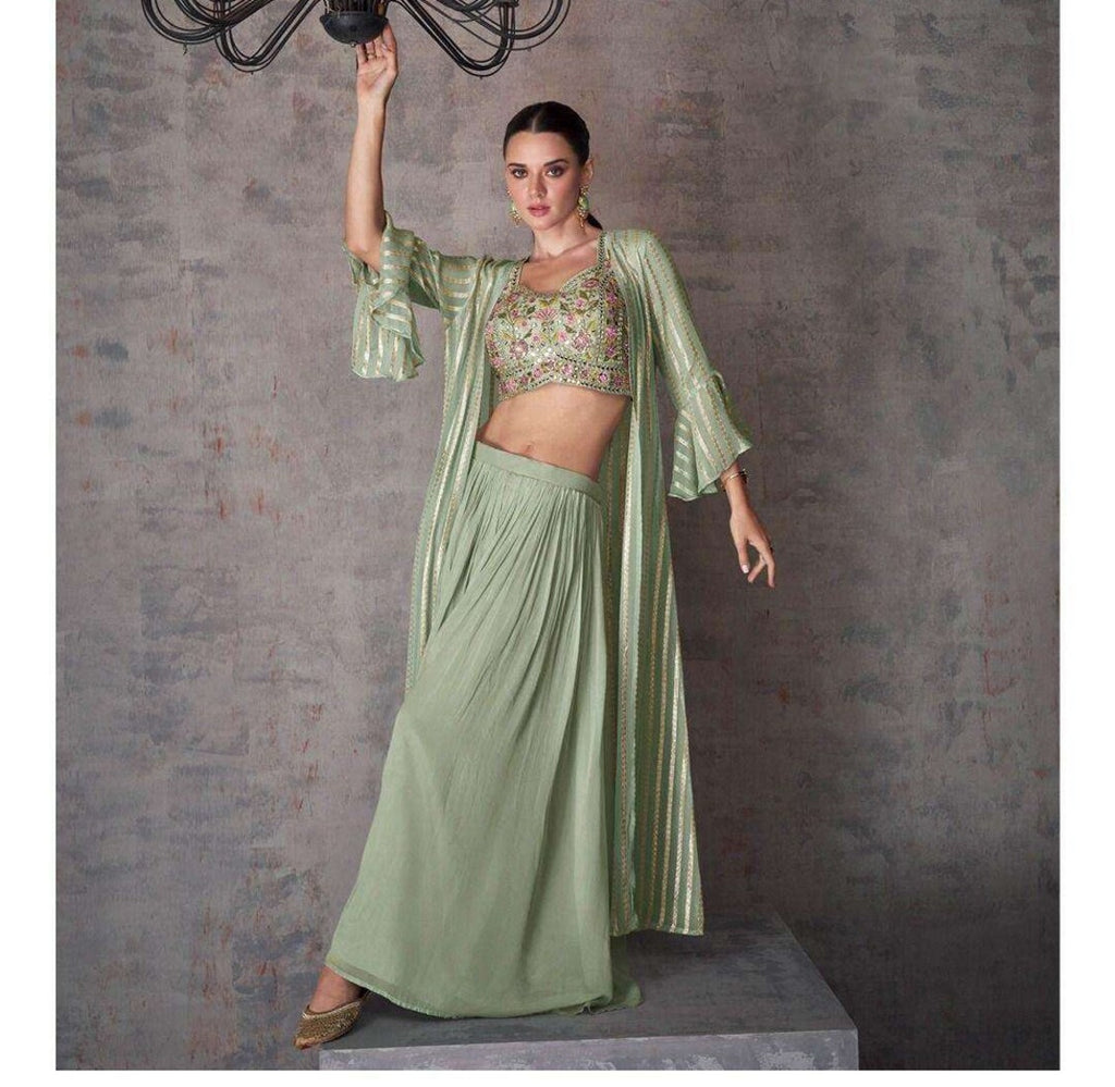 Mint Green Heavy Sequins Work Wedding Indo-Western Crop Top, Palazzo & Shrug Set 5468