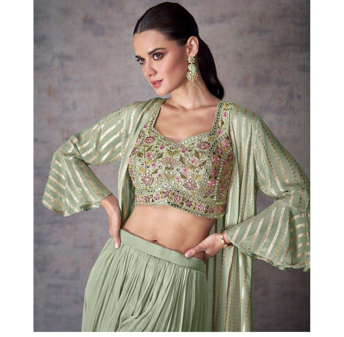 Mint Green Heavy Sequins Work Wedding Indo-Western Crop Top, Palazzo & Shrug Set 5468