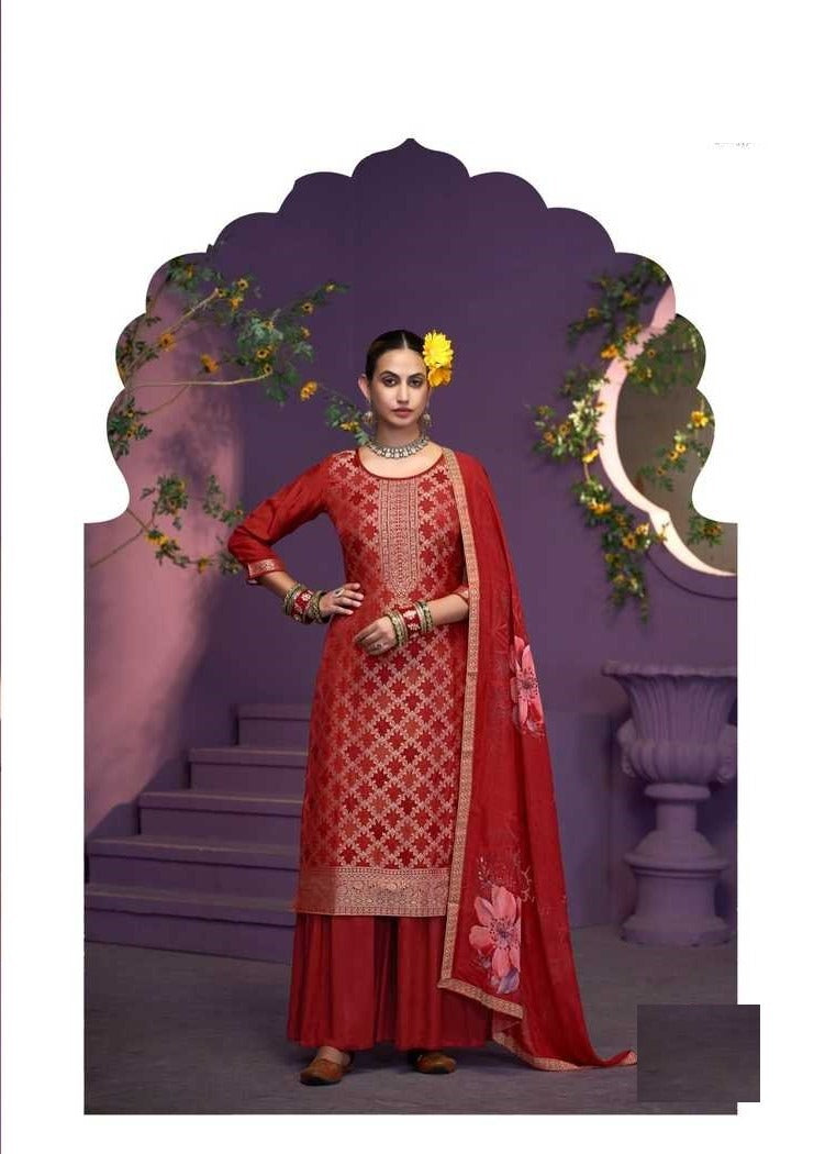 Red Heavy Jacquard Full Stitched Plus Size Suit With Muslin Digital Print Dupatta 11922