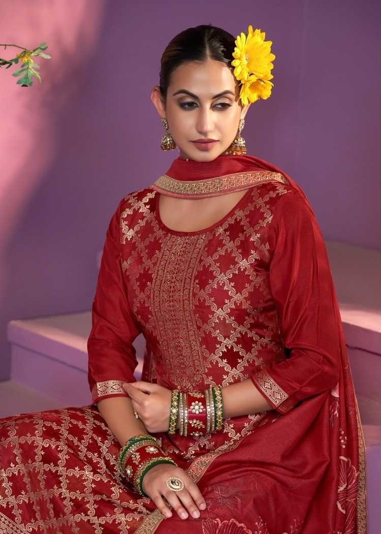 Red Heavy Jacquard Full Stitched Plus Size Suit With Muslin Digital Print Dupatta 11922