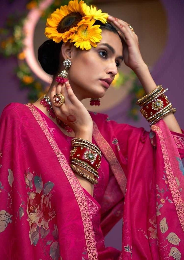 Fuschia Pink Heavy Jacquard Full Stitched Plus Size Suit With Muslin Digital Print Dupatta 11924