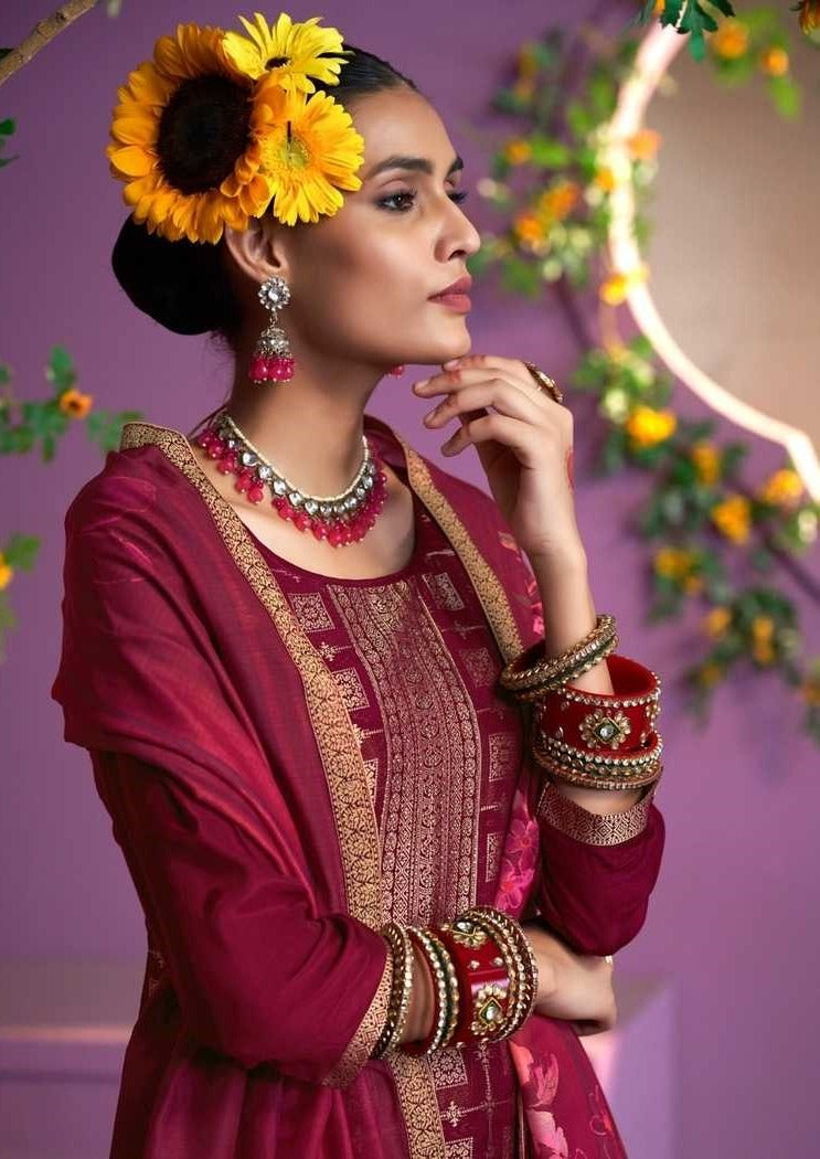 Maroon Heavy Jacquard Full Stitched Plus Size Suit With Muslin Digital Print Dupatta 11925