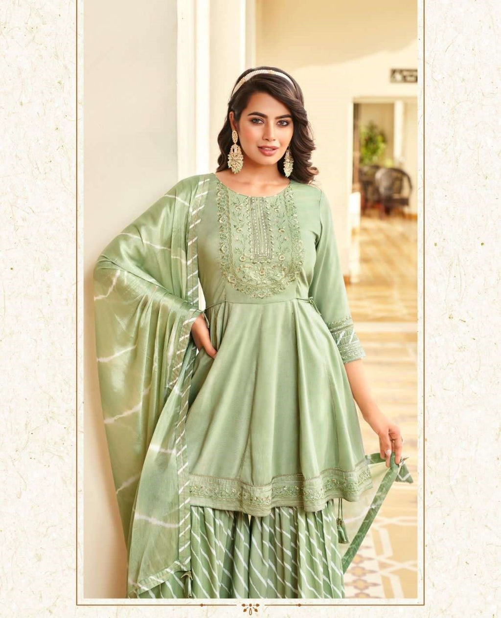 Pastel Green Heavy Silk Full Stitched Peplum Top Sharara Set With Dupatta 2201
