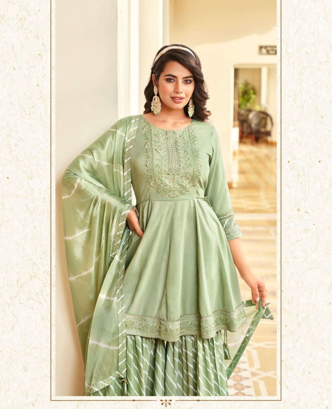Pastel Green Heavy Silk Full Stitched Peplum Top Sharara Set With Dupatta 2201
