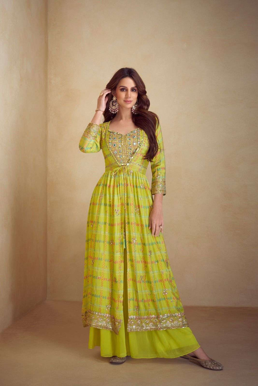 Indo-Western Chinon Silk Free Size Crop Top, Palazzo & Shrug Sets 7505
