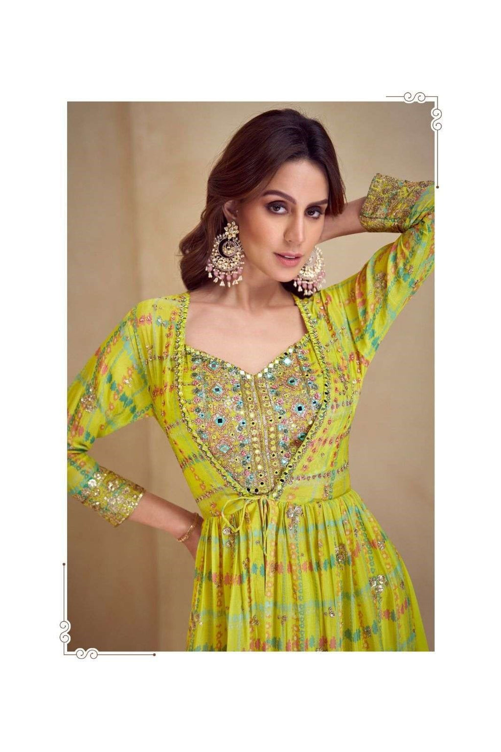 Indo-Western Chinon Silk Free Size Crop Top, Palazzo & Shrug Sets 7505