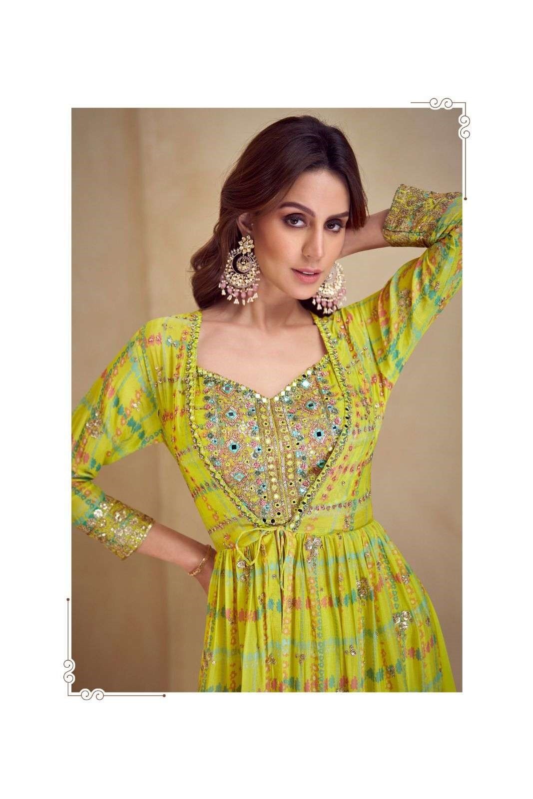 Indo-Western Chinon Silk Free Size Crop Top, Palazzo & Shrug Sets 7505
