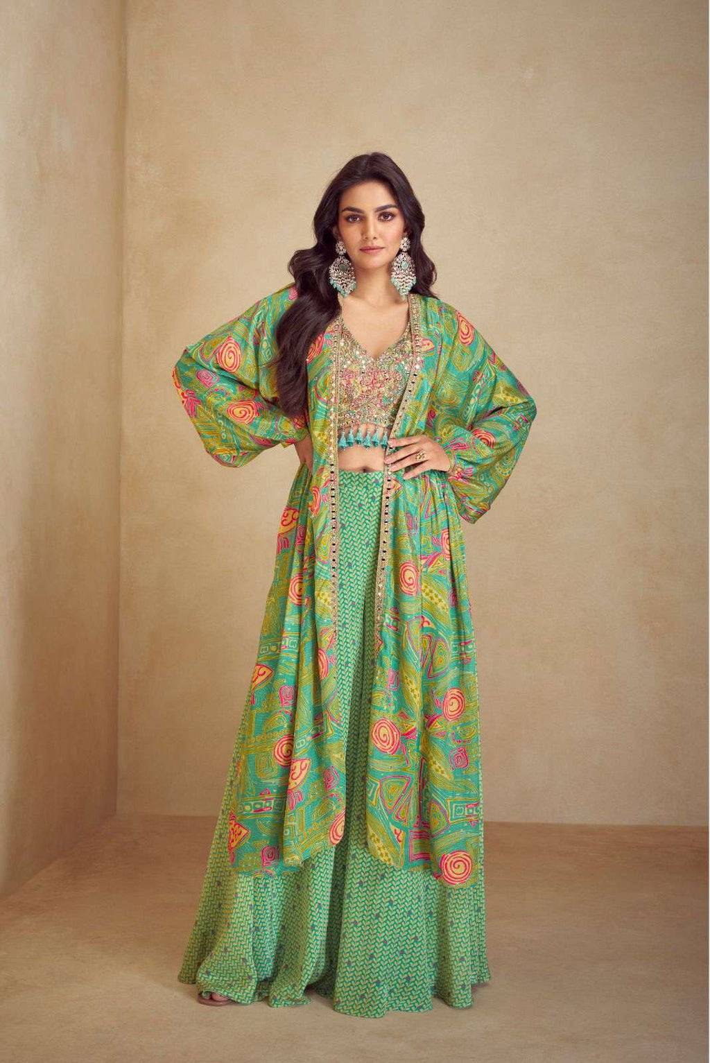 Indo-Western Chinon Silk Free Size Crop Top, Palazzo & Shrug Sets 7505