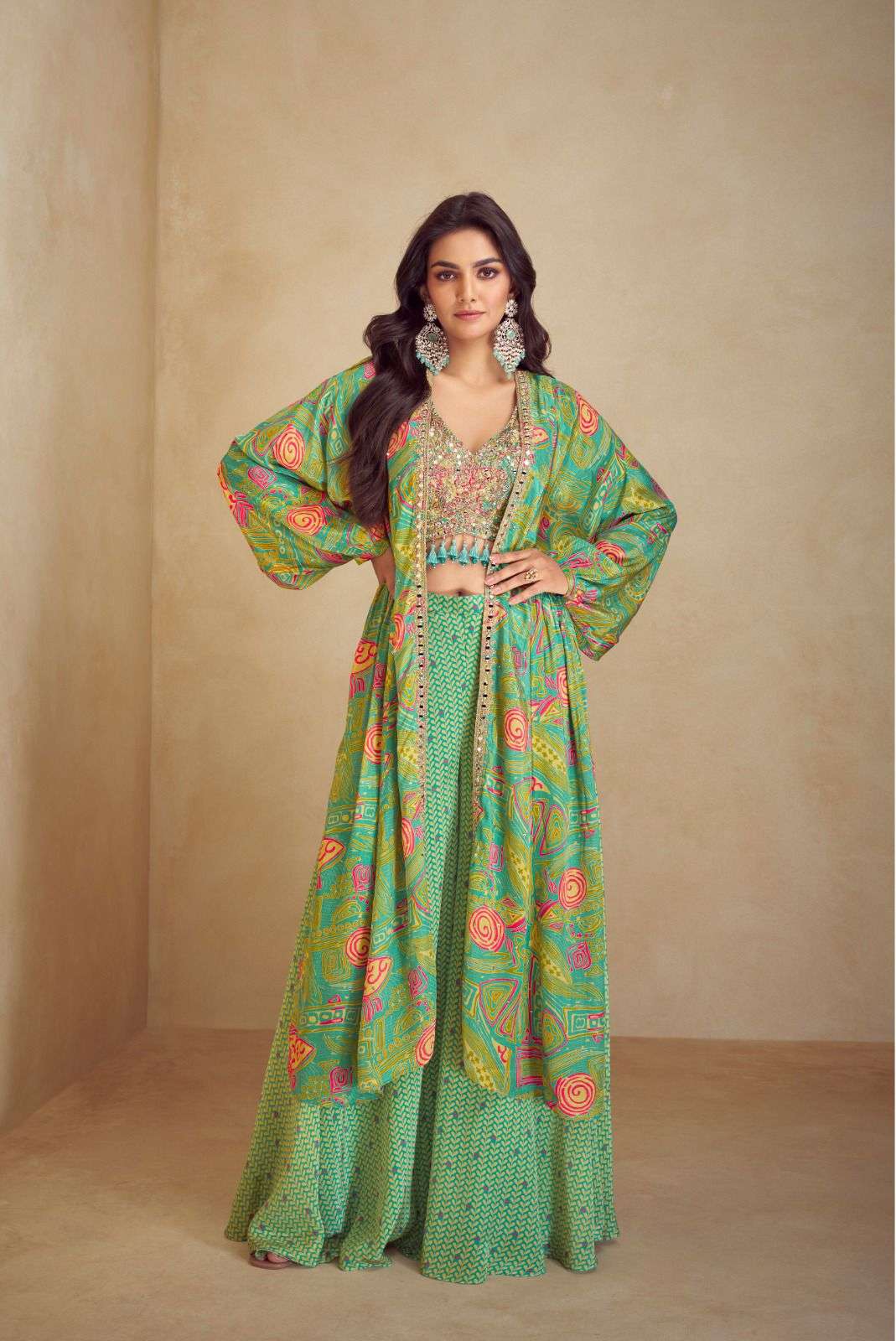 Indo-Western Chinon Silk Free Size Crop Top, Palazzo & Shrug Sets 7505