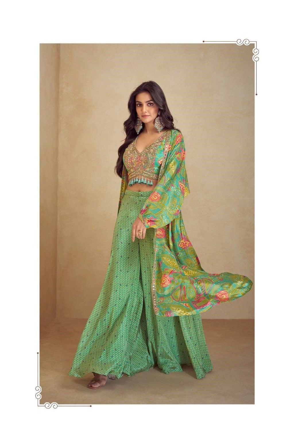 Indo-Western Chinon Silk Free Size Crop Top, Palazzo & Shrug Sets 7505