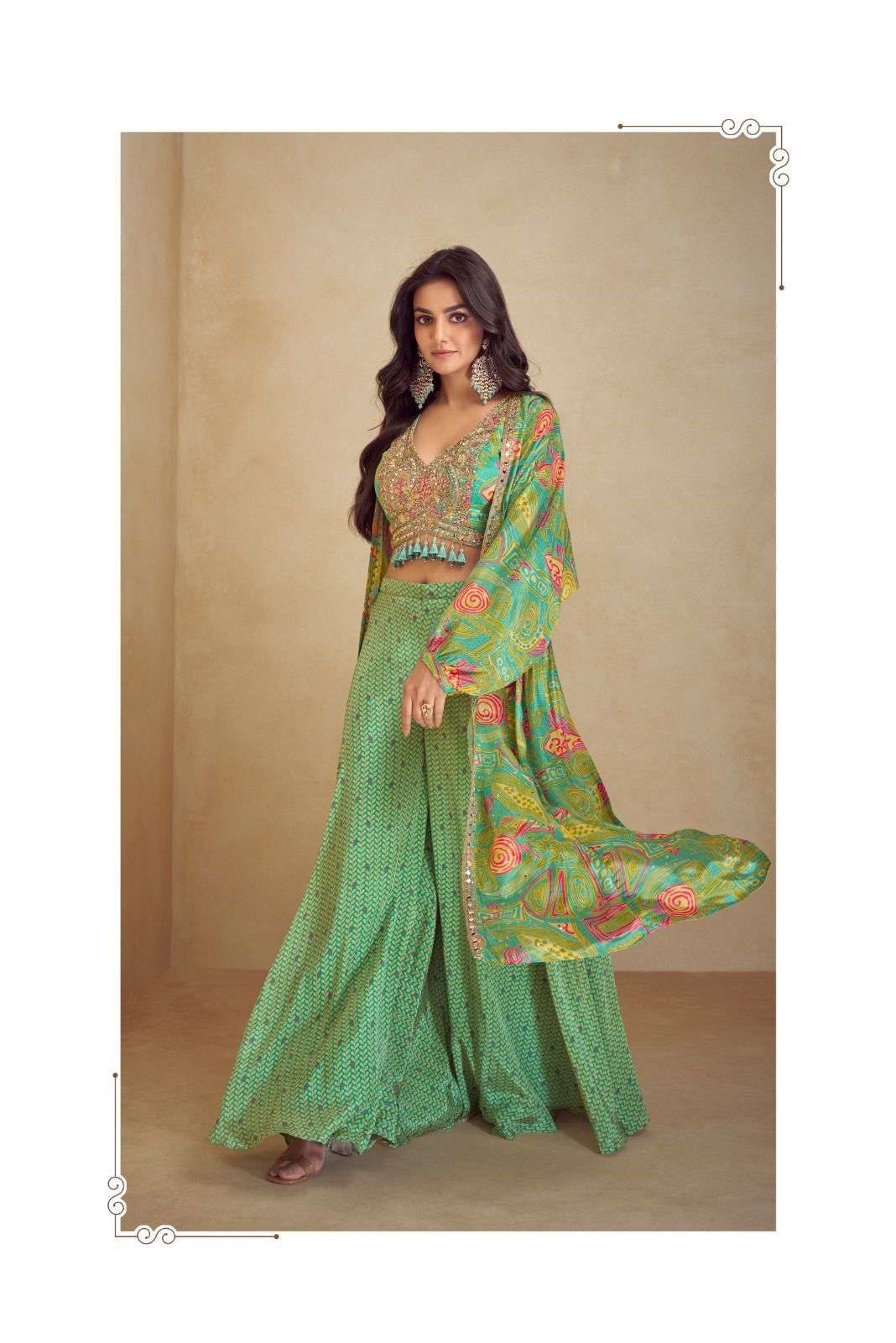 Indo-Western Chinon Silk Free Size Crop Top, Palazzo & Shrug Sets 7505