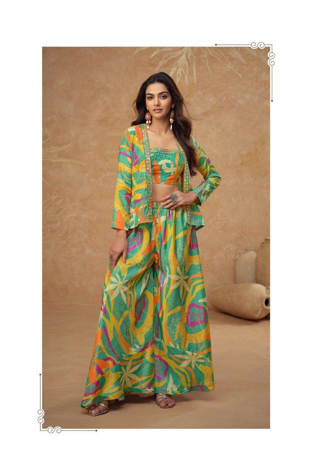 Indo-Western Chinon Silk Free Size Crop Top, Palazzo & Shrug Sets 7505