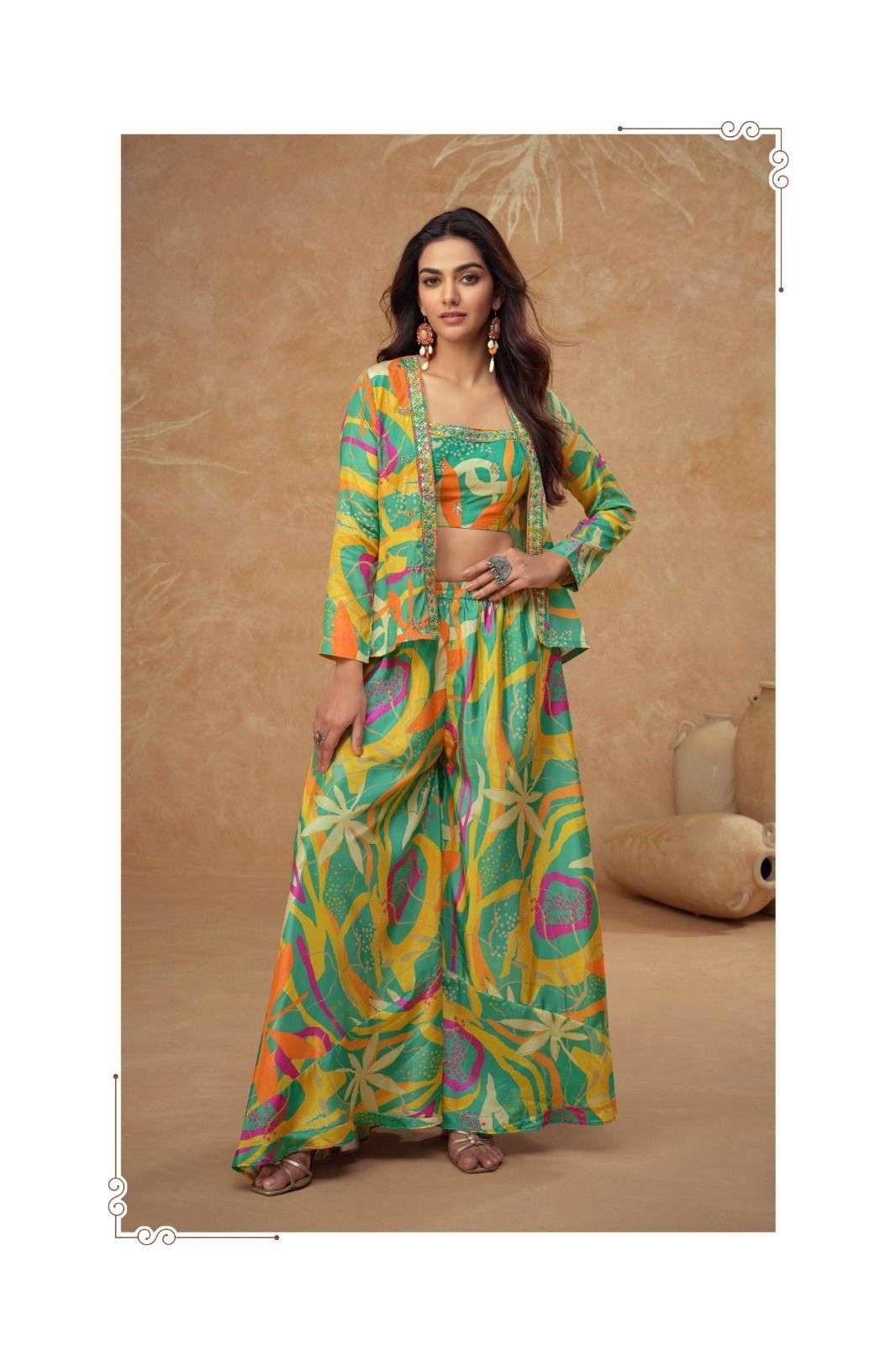 Indo-Western Chinon Silk Free Size Crop Top, Palazzo & Shrug Sets 7505