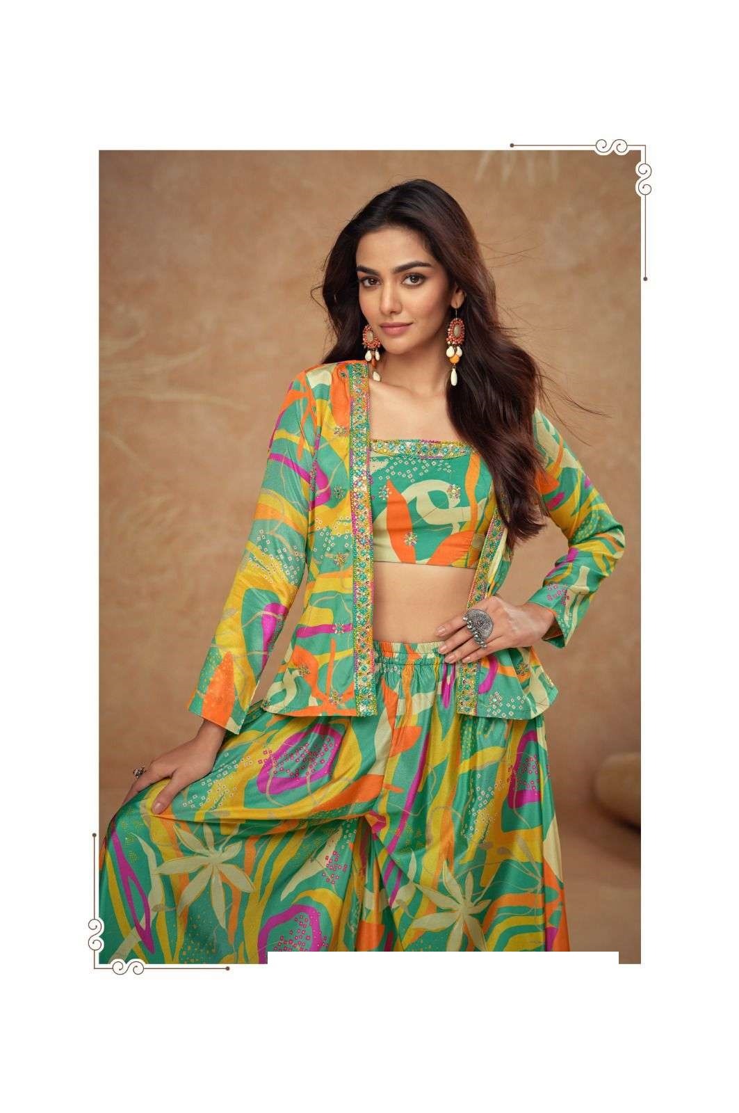 Indo-Western Chinon Silk Free Size Crop Top, Palazzo & Shrug Sets 7505