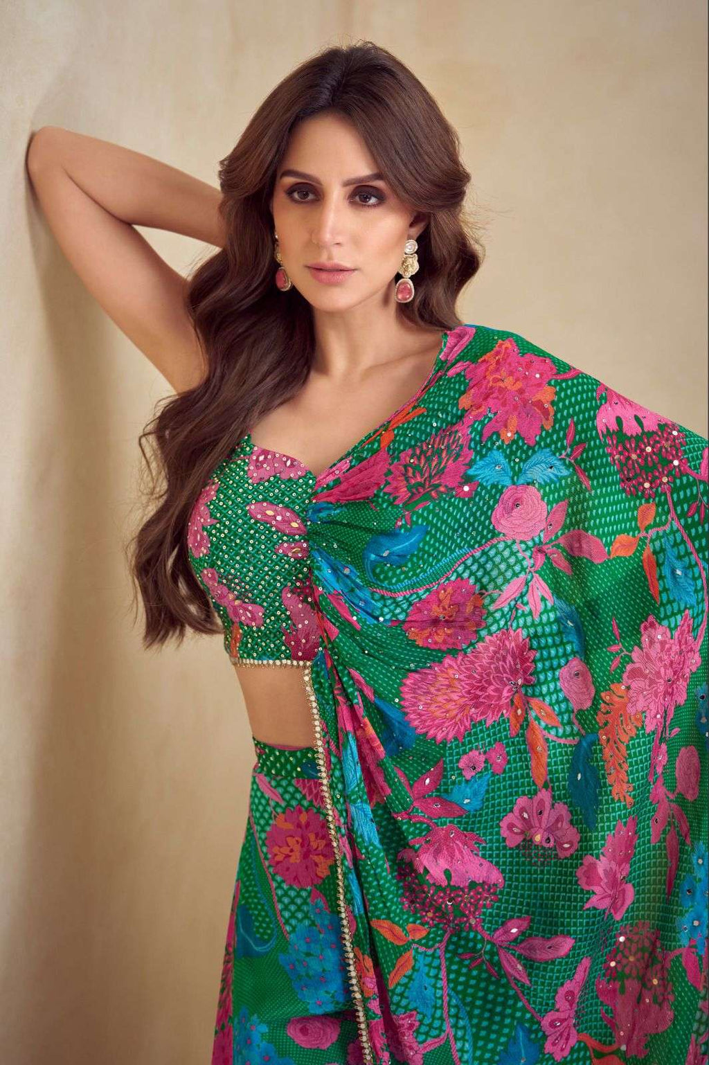 Indo-Western Chinon Silk Free Size Crop Top, Palazzo & Shrug Sets 7505