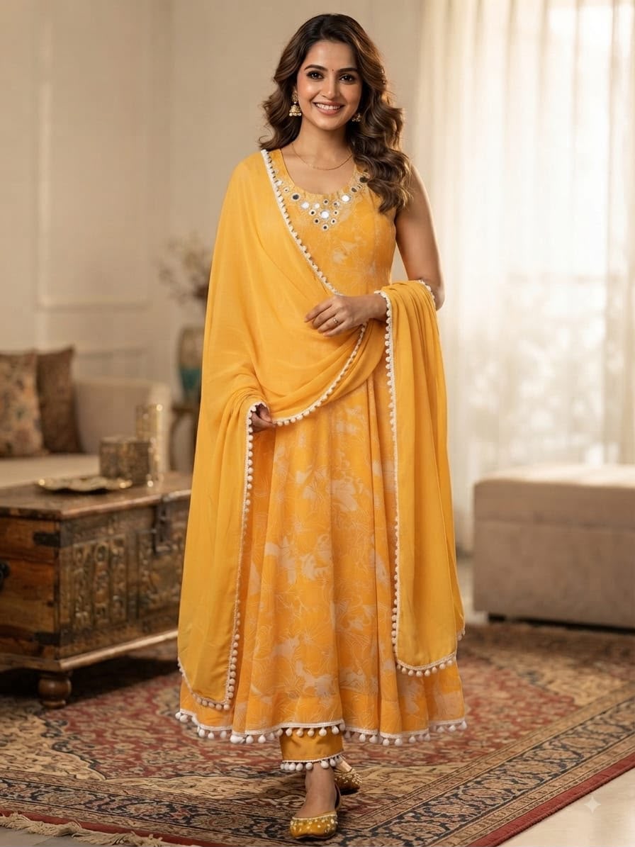 Yellow Georgette Anarkali For Festivals 1014