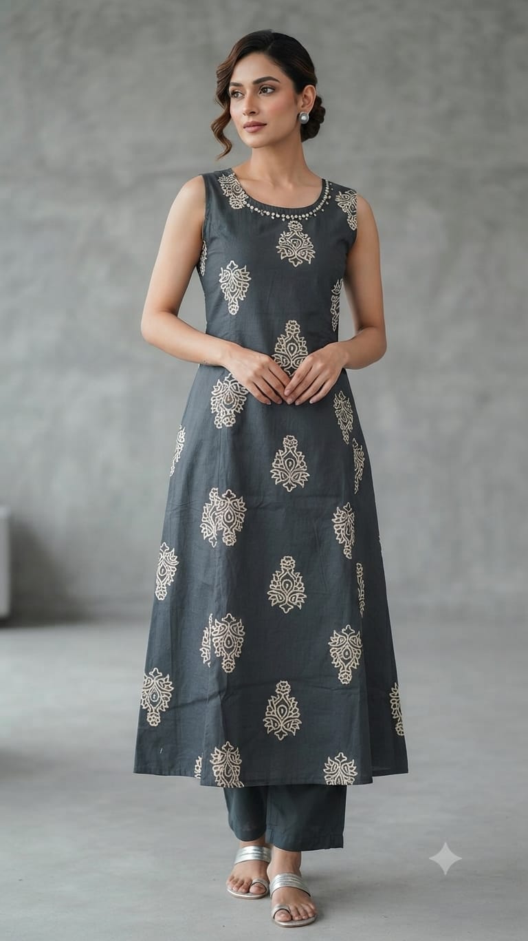 Dark Green Cotton Batik Print Casual Wear Kurta Pant 1016