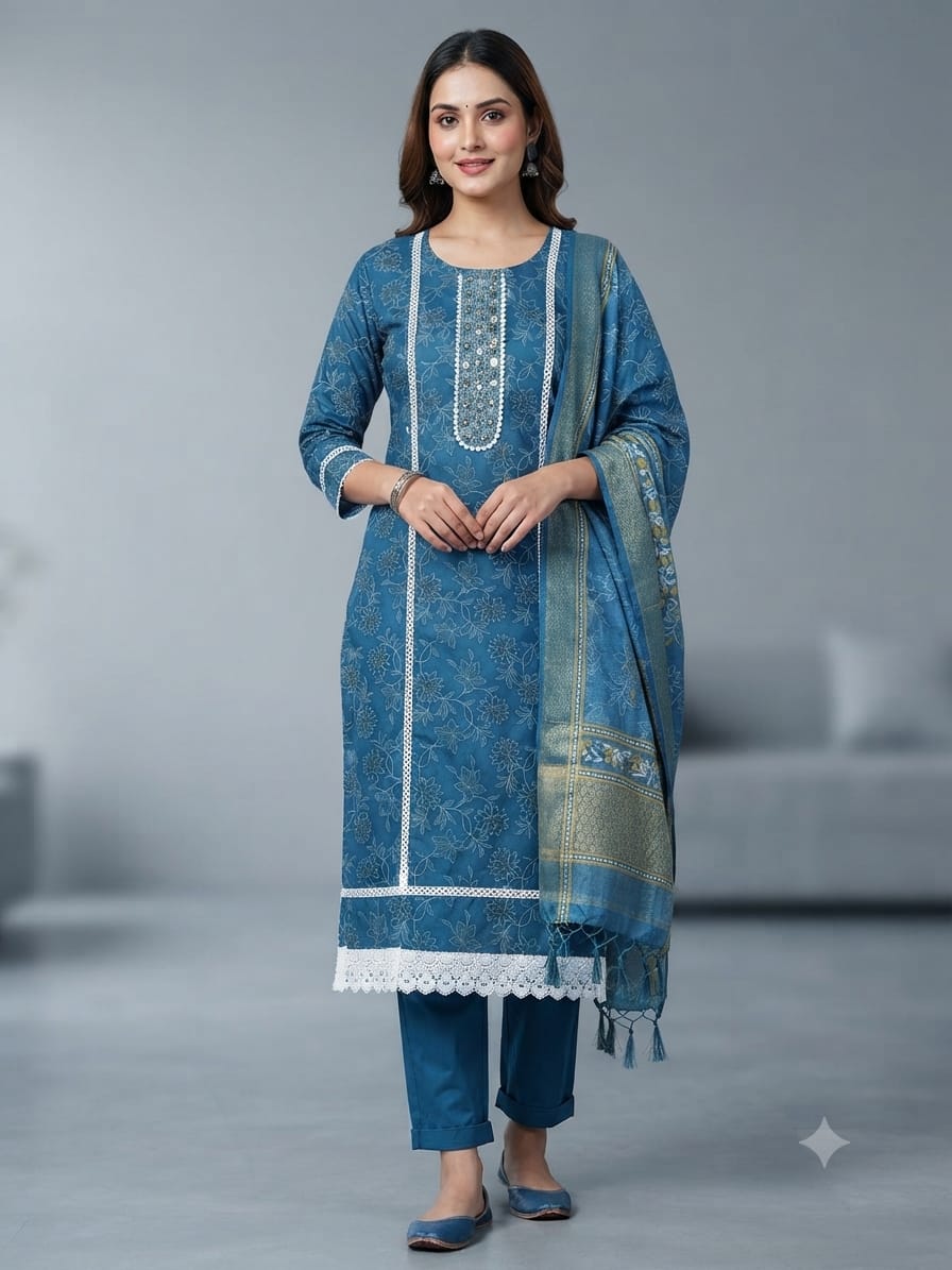 Cotton Printed Suit With Border Lace & Hand Work 1020
