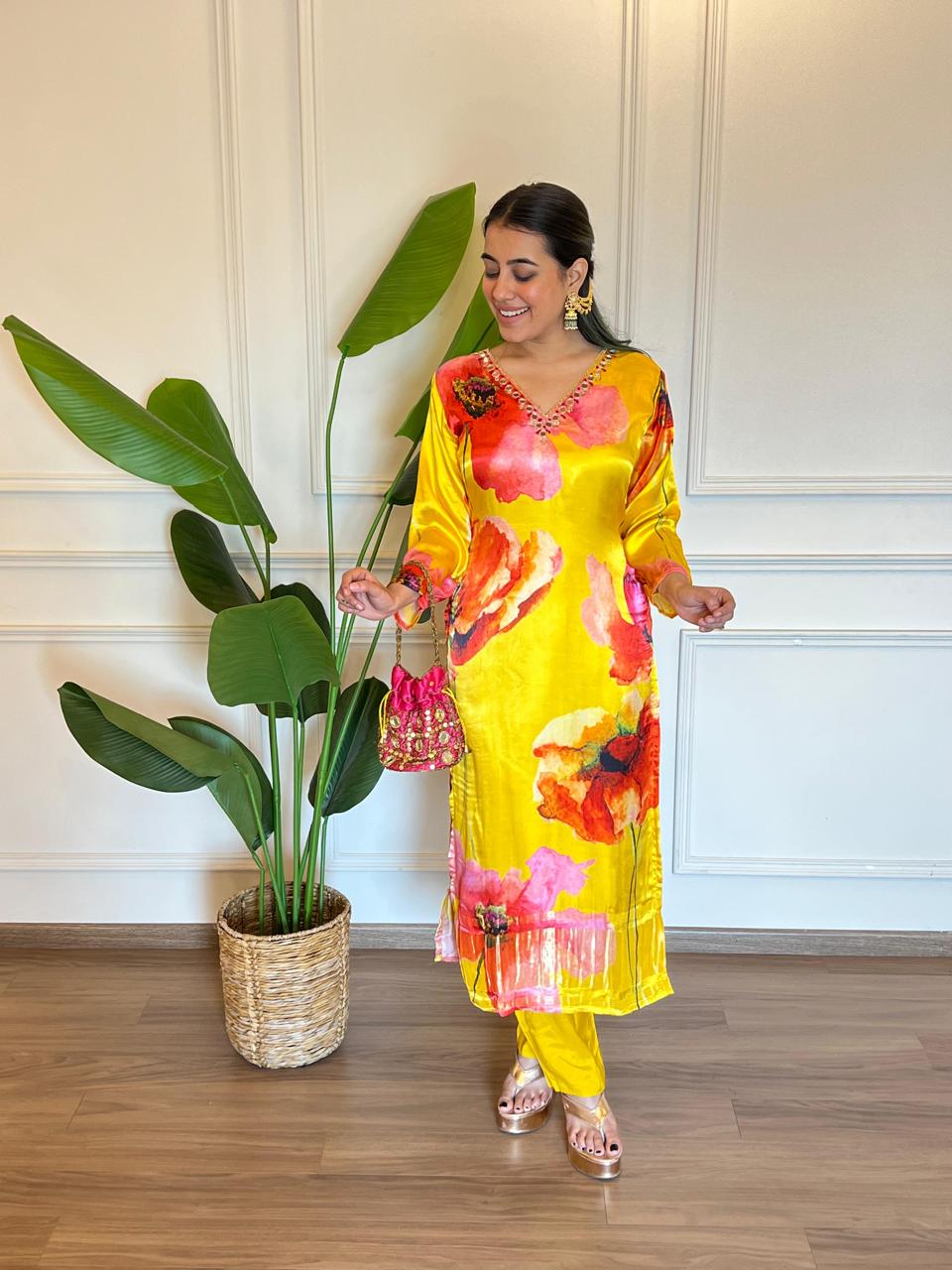 Soft Russian Silk Yellow Floral Print Mirror Work Lagda Patti Haldi Outfit 5122