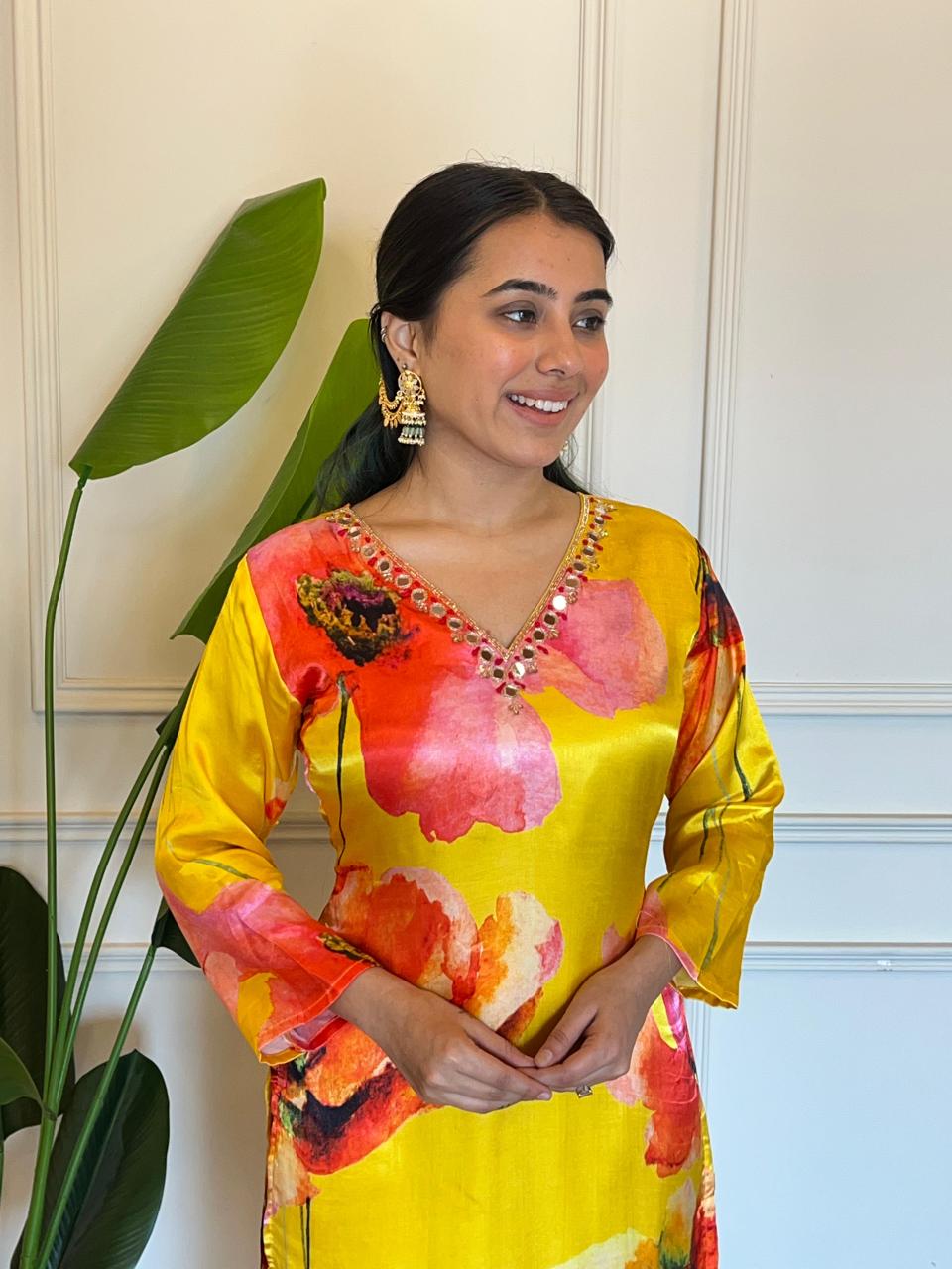 Soft Russian Silk Yellow Floral Print Mirror Work Lagda Patti Haldi Outfit 5122