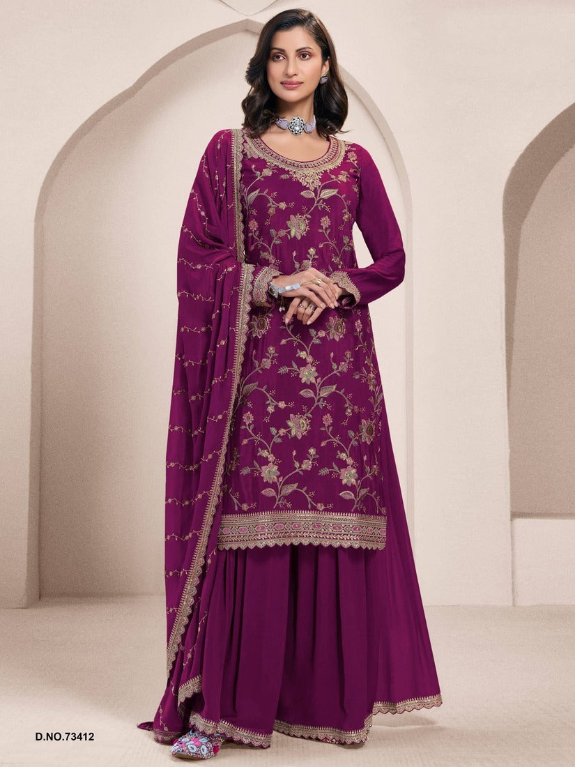 Chinon Silk Embroidered Full Stitched Wedding Palazzo Suit 73411